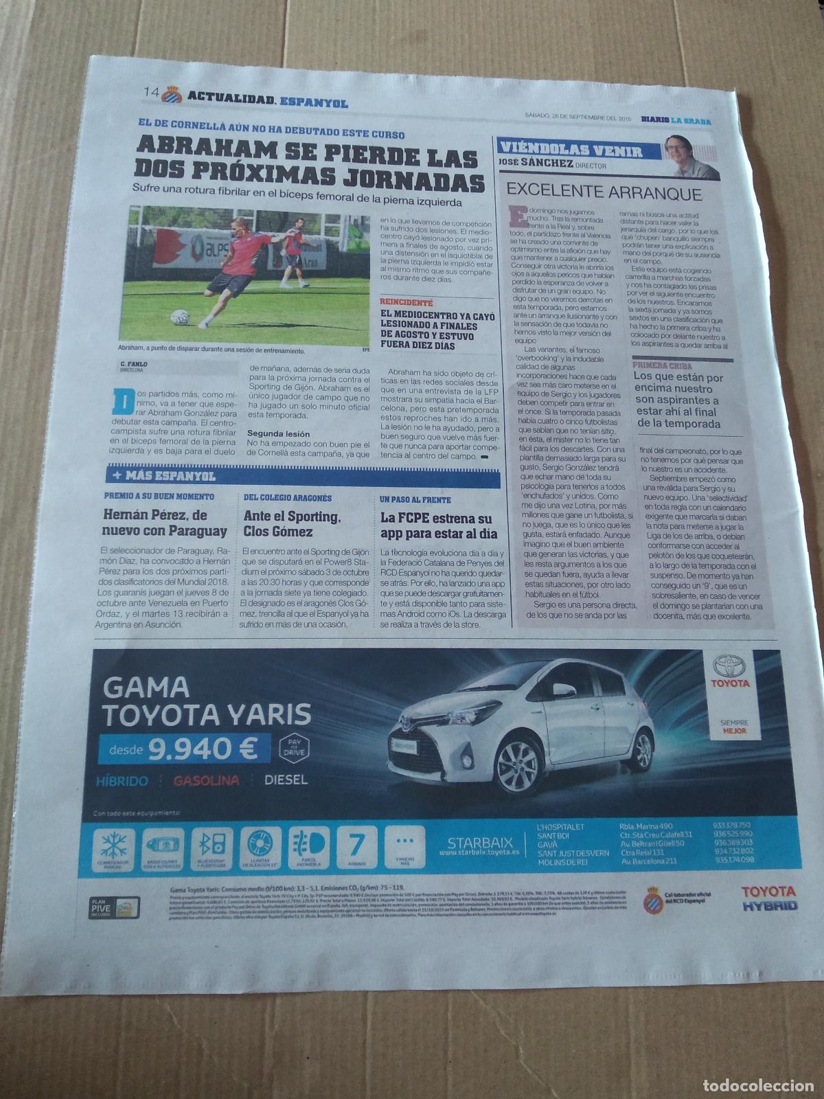 Coleccionismo deportivo: HOJA PERIODICO DIARIO LA GRADA ABRAHAM ESPANYOL TOYOTA PUBLICIDAD CASANOVA FOTO