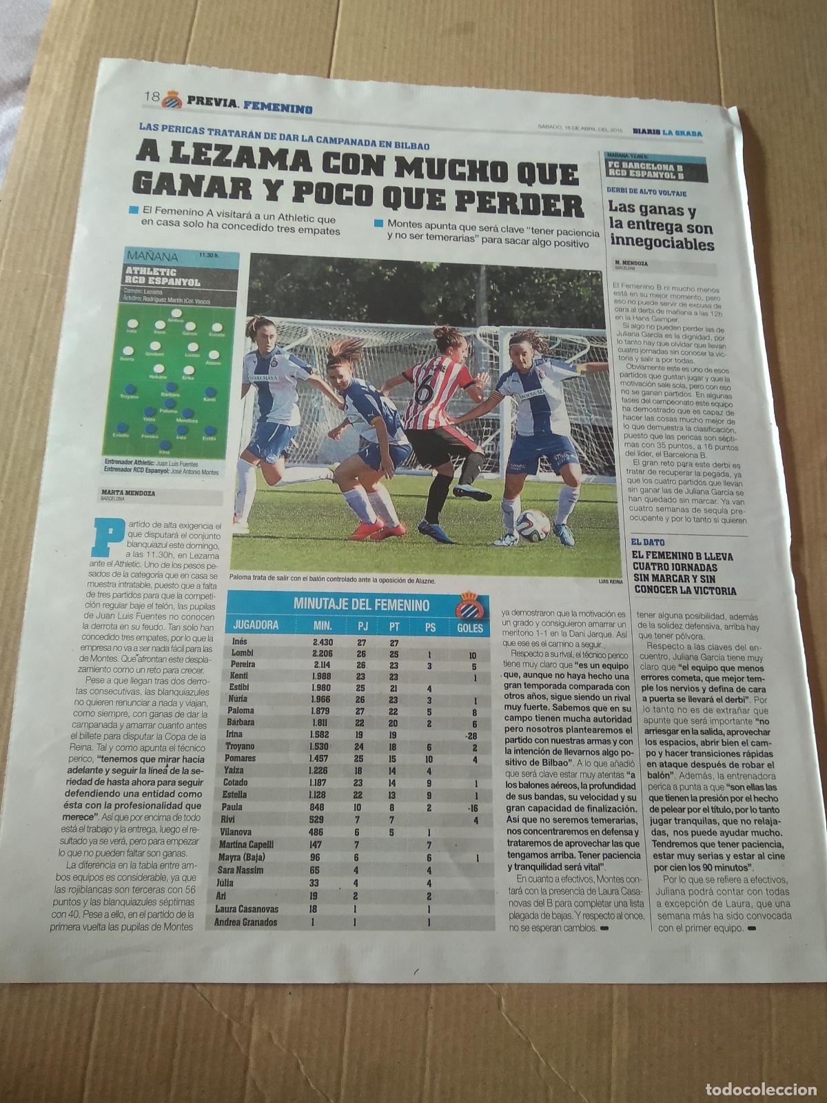 Coleccionismo deportivo: HOJA PERIODICO DIARIO LA GRADA PALOMA ESPANYOL FEMENINO ALAZNE ATHLETIC ADAY ESPANYOL HOSPI TOYOTA