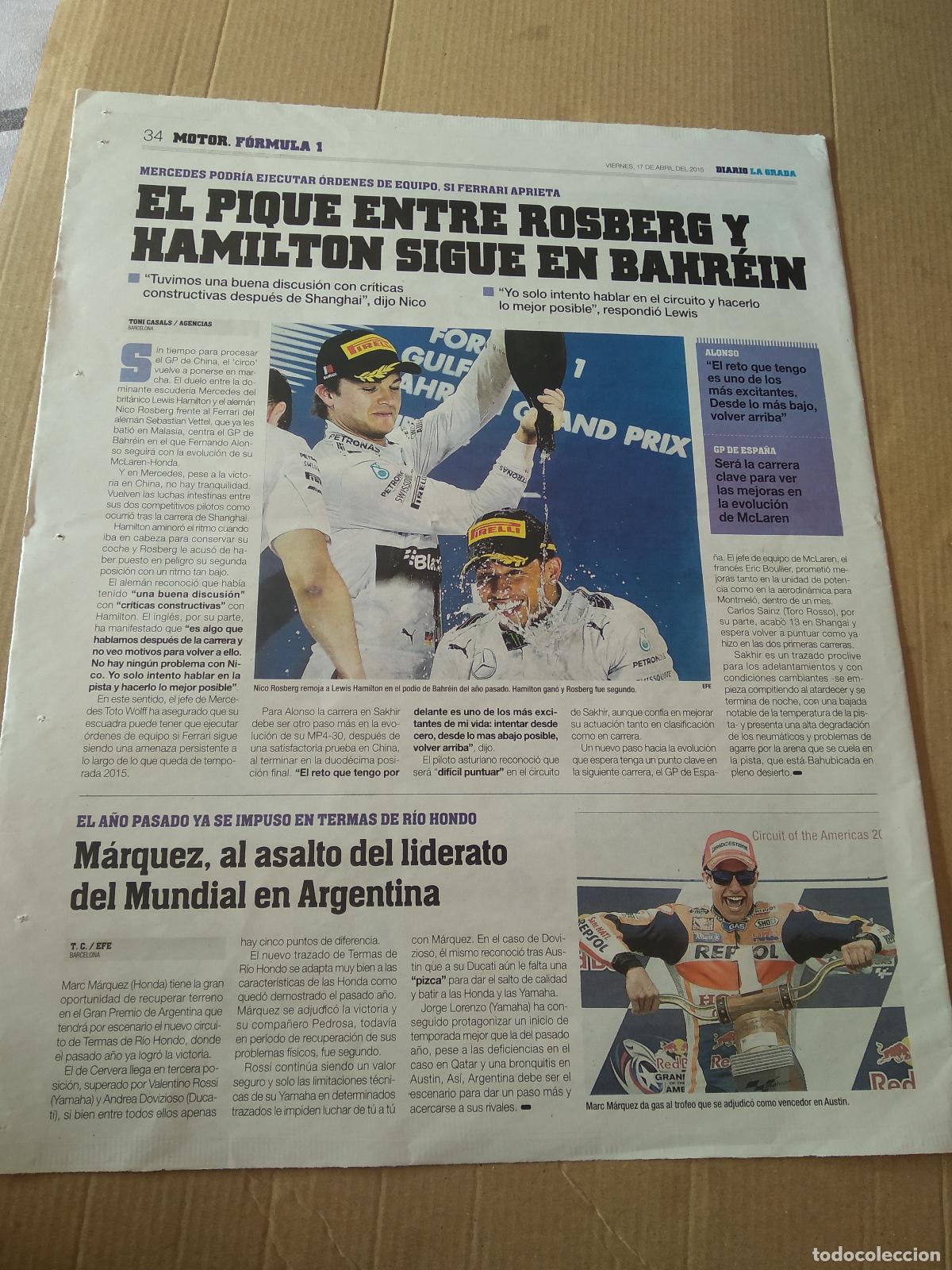 Coleccionismo deportivo: HOJA PERIODICO DIARIO LA GRADA ROSBERG HAMILTON FORMULA 1 F1 LA BIBLIOTECA PERICA PARA SANT JORDI