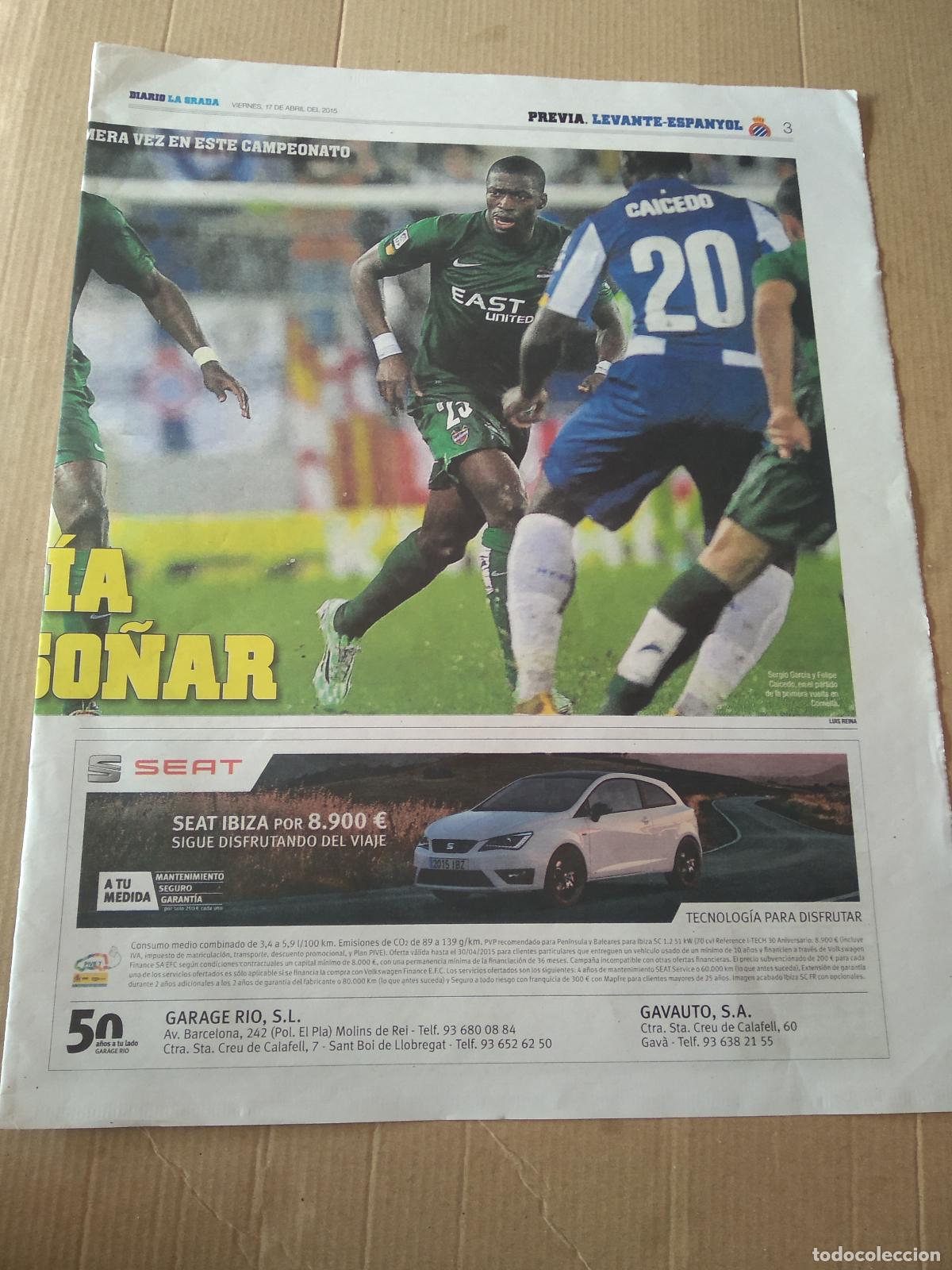 Coleccionismo deportivo: HOJA PERIODICO DIARIO LA GRADA DIOP LEVANTE CAICEDO ESPANYOL SEAT PUBLICIDAD BARRAL ARBILLA