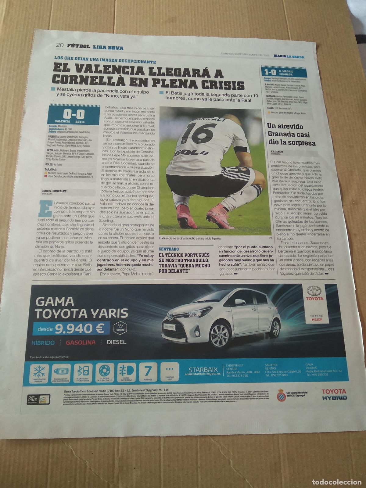 Coleccionismo deportivo: HOJA PERIODICO DIARIO LA GRADA BAKKALI VALENCIA TOYOTA PUBLICIDAD PERICOS ONLINE