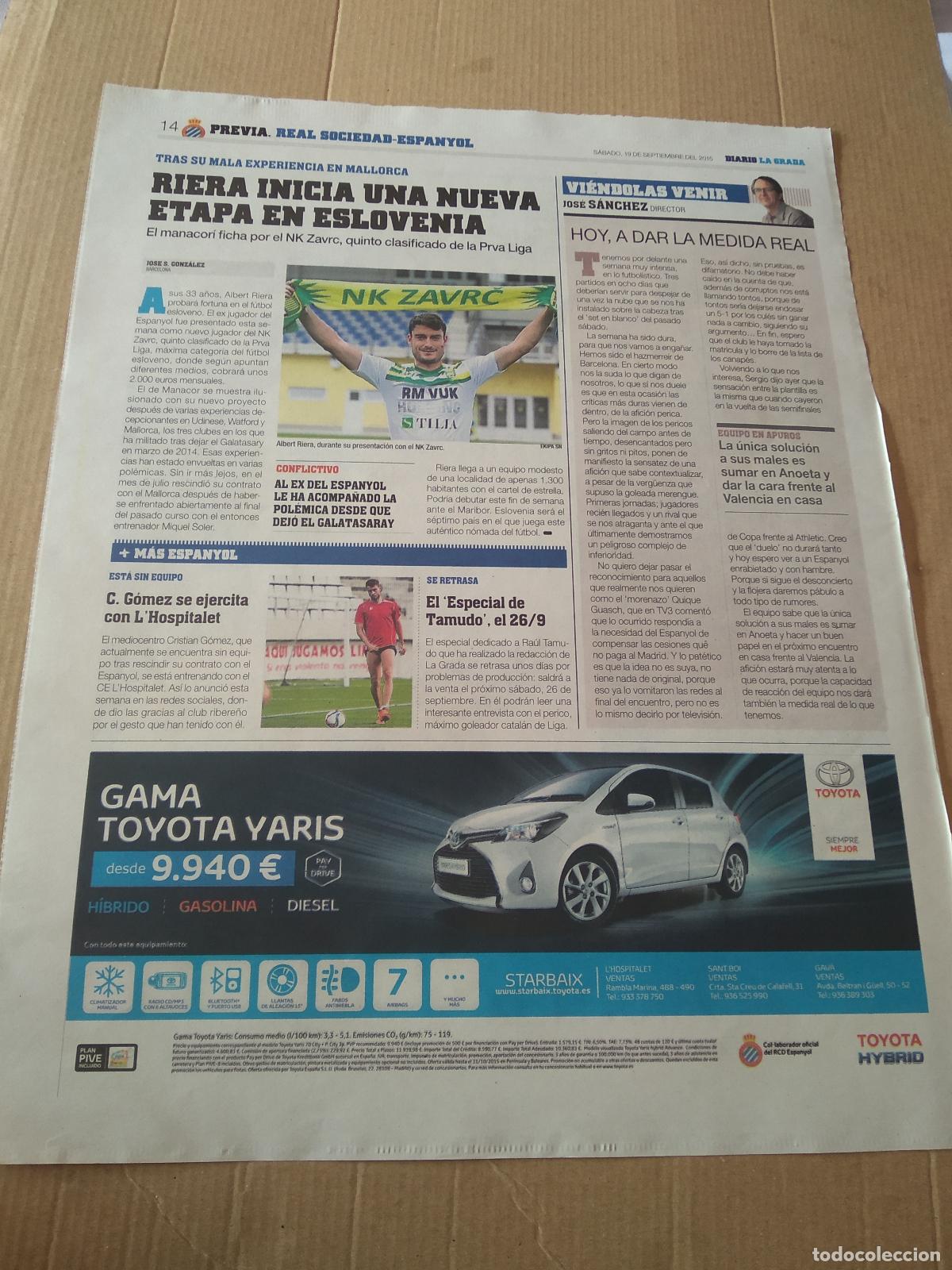 Coleccionismo deportivo: HOJA PERIODICO DIARIO LA GRADA ALBERT RIERA CRISTIAN GOMEZ TOYOTA PUBLICIDAD ESPECIAL TAMUDO