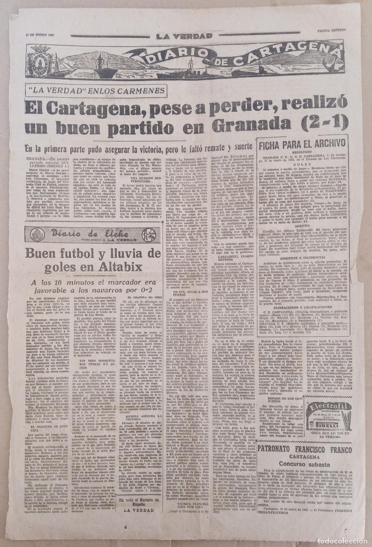 Sports collectibles: HOJA DE PERIODICO LA VERDAD. DIARIO DE CARTAGENA. LA VERDAD EN LOS CARMENES. F&Uacute;TBOL. 23 ENERO 1962