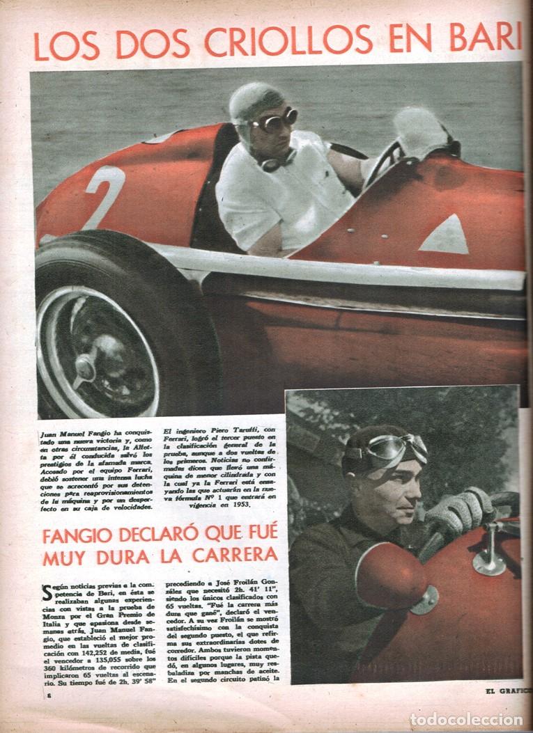 Coleccionismo deportivo: 1951 EL GRAFICO # 1674 GONZALEZ FANGIO PIERO TARUFFI CON FERRARI EN BARI ESTUDIANTES v RIVER