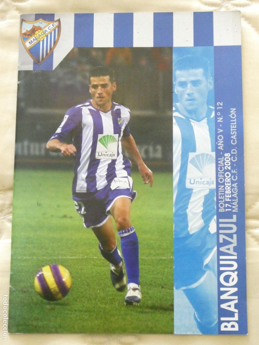 Sports collectibles: REVISTA BLANQUIAZUL M&Aacute;LAGA CLUB F&Uacute;TBOL 2007 2008 N&ordm; 12. VISITA CD CASTELL&Oacute;N. APO&Ntilde;O POSTER 60GR
