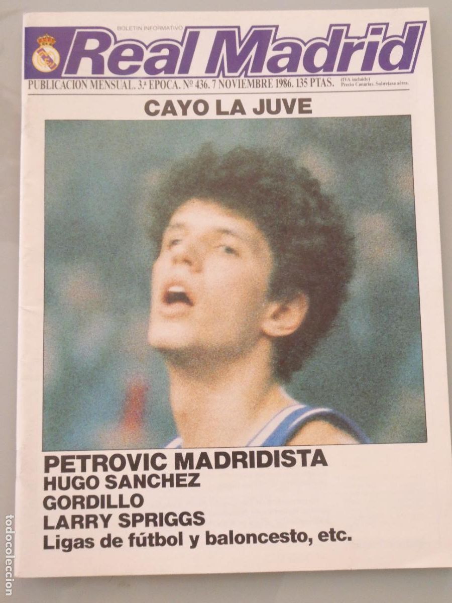 Collezionismo sportivo: REVISTA BOLET&Iacute;N INFORMATIVO REAL MADRID F&Uacute;TBOL BALONCESTO 436 NOVIEMBRE 1986. DRAZEN PETROVIC. 120GR