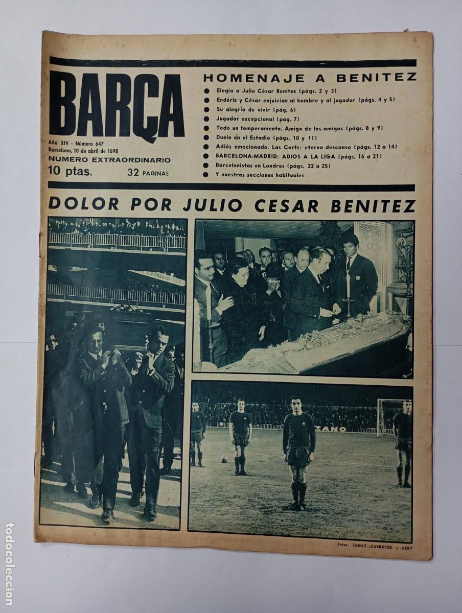 Coleccionismo deportivo: REVISTA BAR&Ccedil;A N&ordm; 647. A&Ntilde;O XIV. 10 DE ABRIL DE 1968. DOLOR POR JULIO C&Eacute;SAR BEN&Iacute;TEZ. TDK279G2