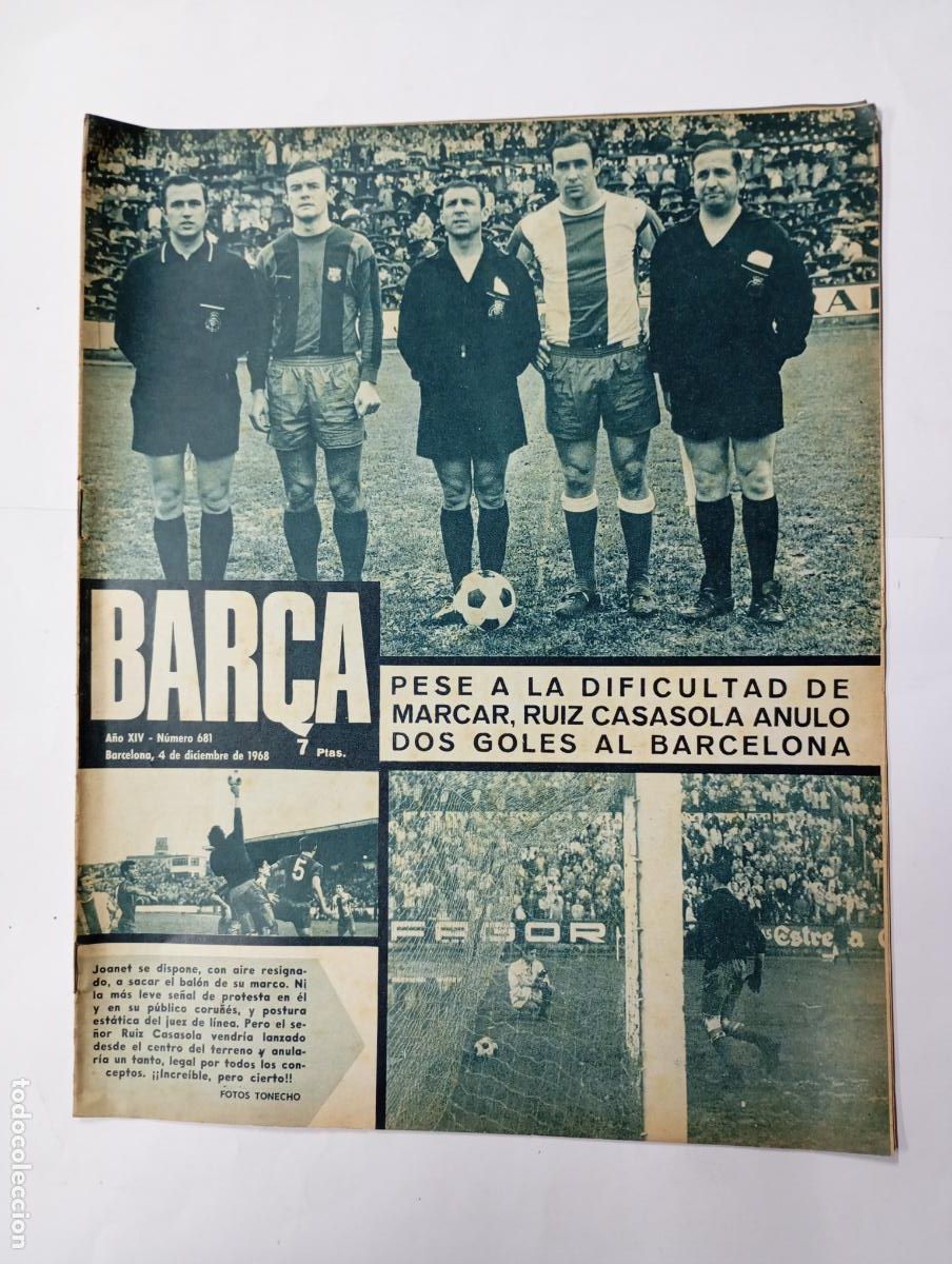 Collezionismo sportivo: REVISTA BAR&Ccedil;A N&ordm; 681. A&Ntilde;O XIV. 4 DICIEMBRE 1968. CASASOLA ANUL&Oacute; DOS GOLES. TDK279G10