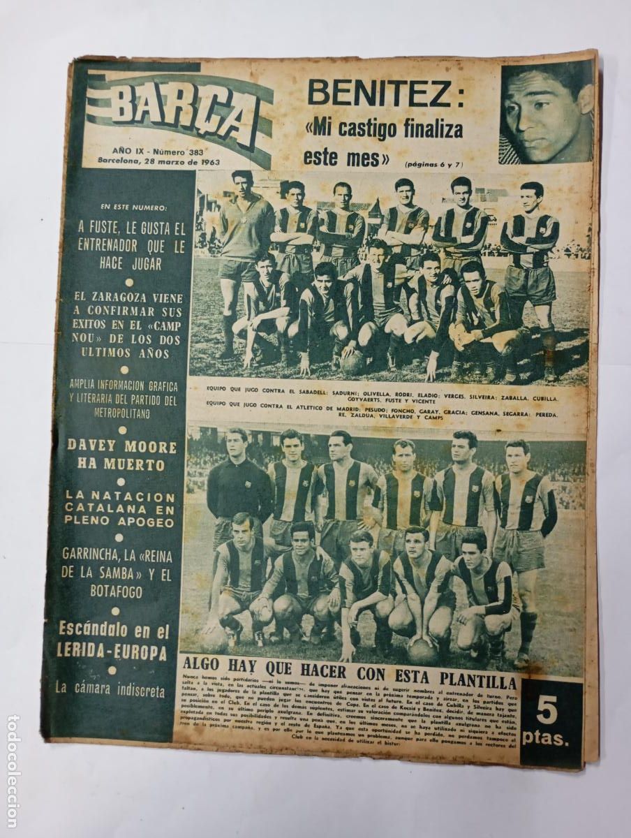 Collezionismo sportivo: REVISTA BAR&Ccedil;A N&ordm; 383. A&Ntilde;O IX. 28 MARZO 1963. BENITEZ. TDK279G10