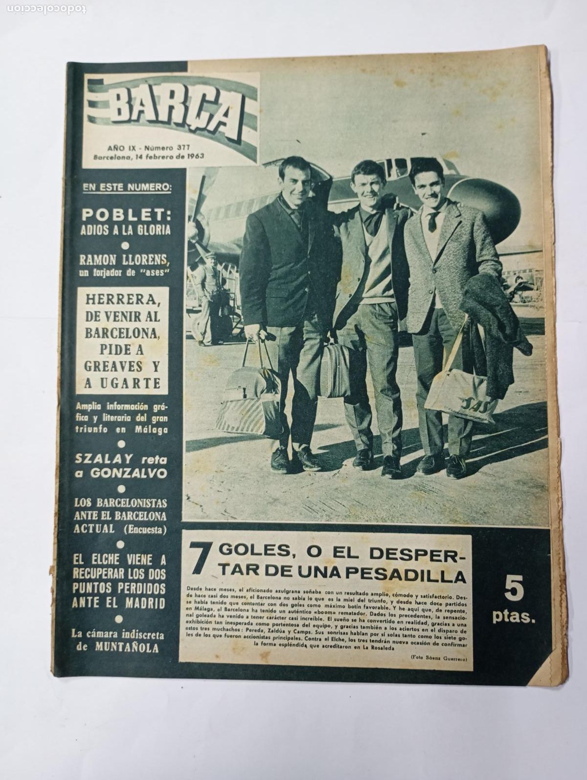 Collezionismo sportivo: REVISTA BAR&Ccedil;A N&ordm; 377. A&Ntilde;O IX. 14 FEBRERO 1963. 7 GOLES. TDK279G10