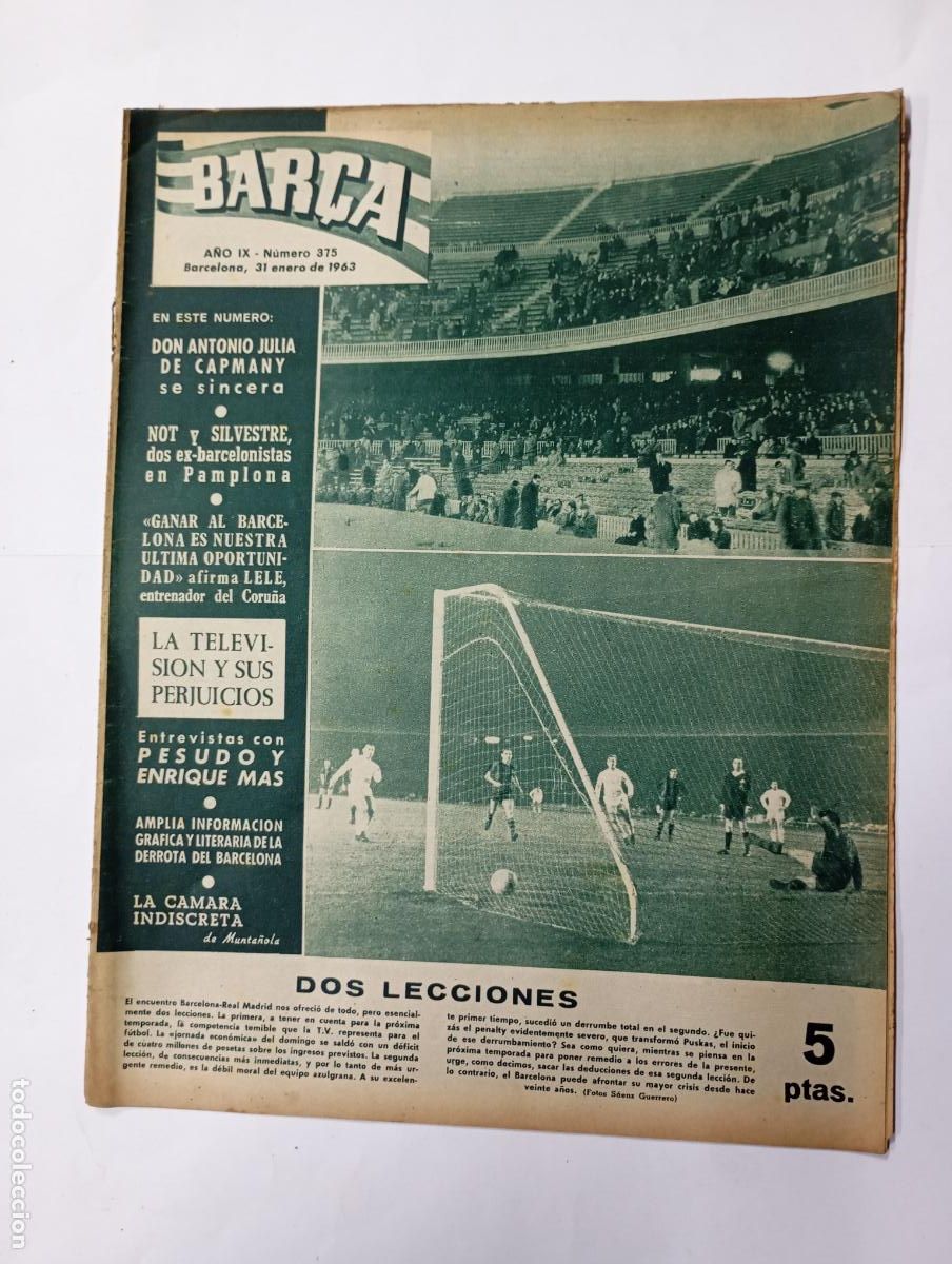 Collezionismo sportivo: REVISTA BAR&Ccedil;A N&ordm; 375. A&Ntilde;O IX. 31 ENERO 1963. DOS LECCIONES. TDK279G10