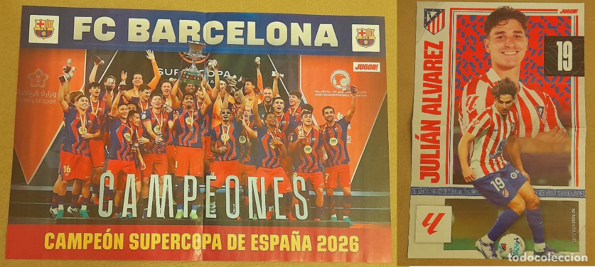 Colecionismo desportivo: P&Oacute;STER CENTRAL EQUIPO FC BARCELONA CAMPEON SUPERCOPA ESPA&Ntilde;A 2026 - JULIAN ALVAREZ, ATLETICO MADRID