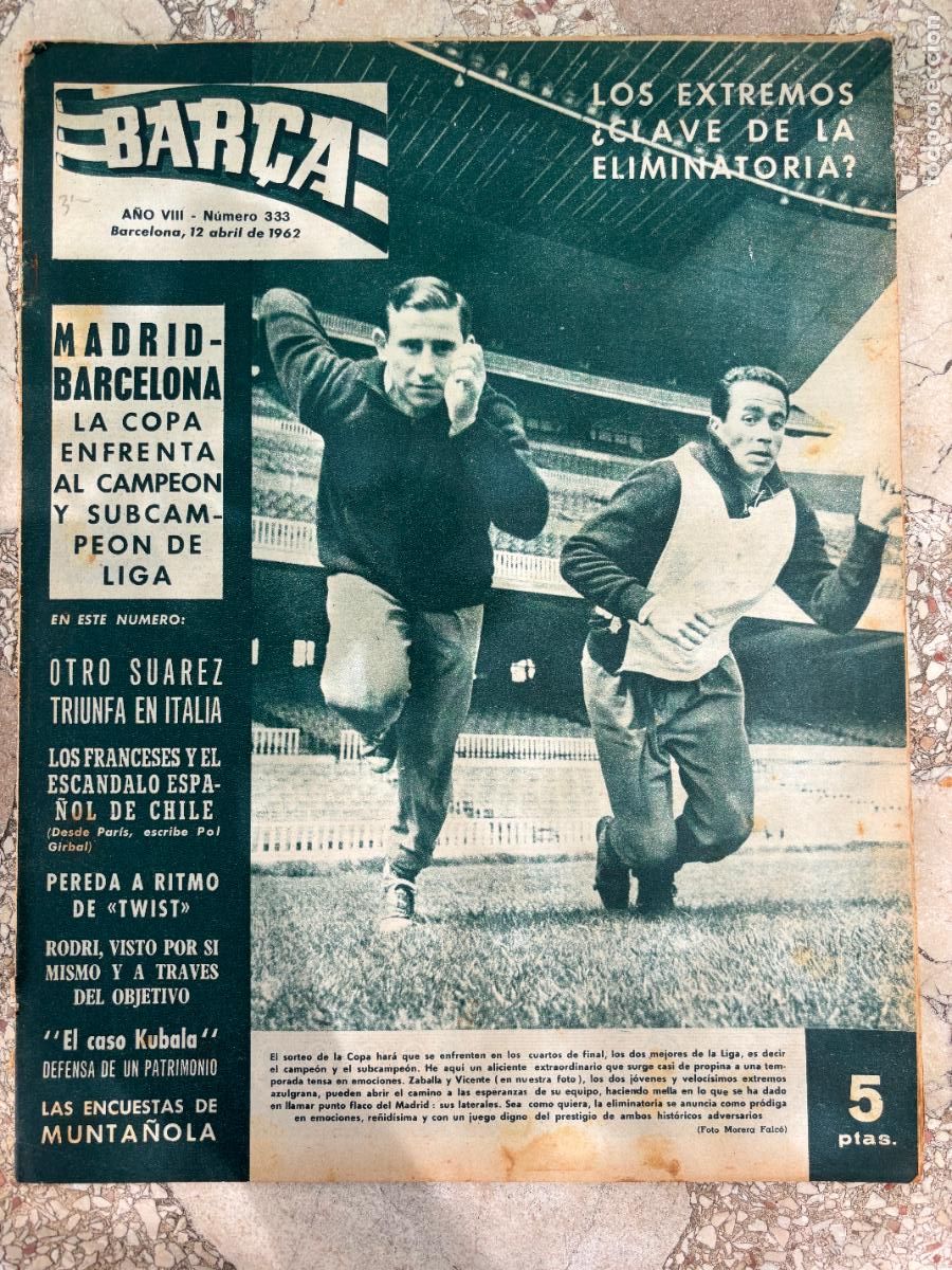 Coleccionismo deportivo: BAR&Ccedil;A N&ordm; 333 A&Ntilde;O 1962. PEREDA. CASO KUBALA. ZABALLA Y VICENTE EN PORTADA. MADRID BARCELONA.