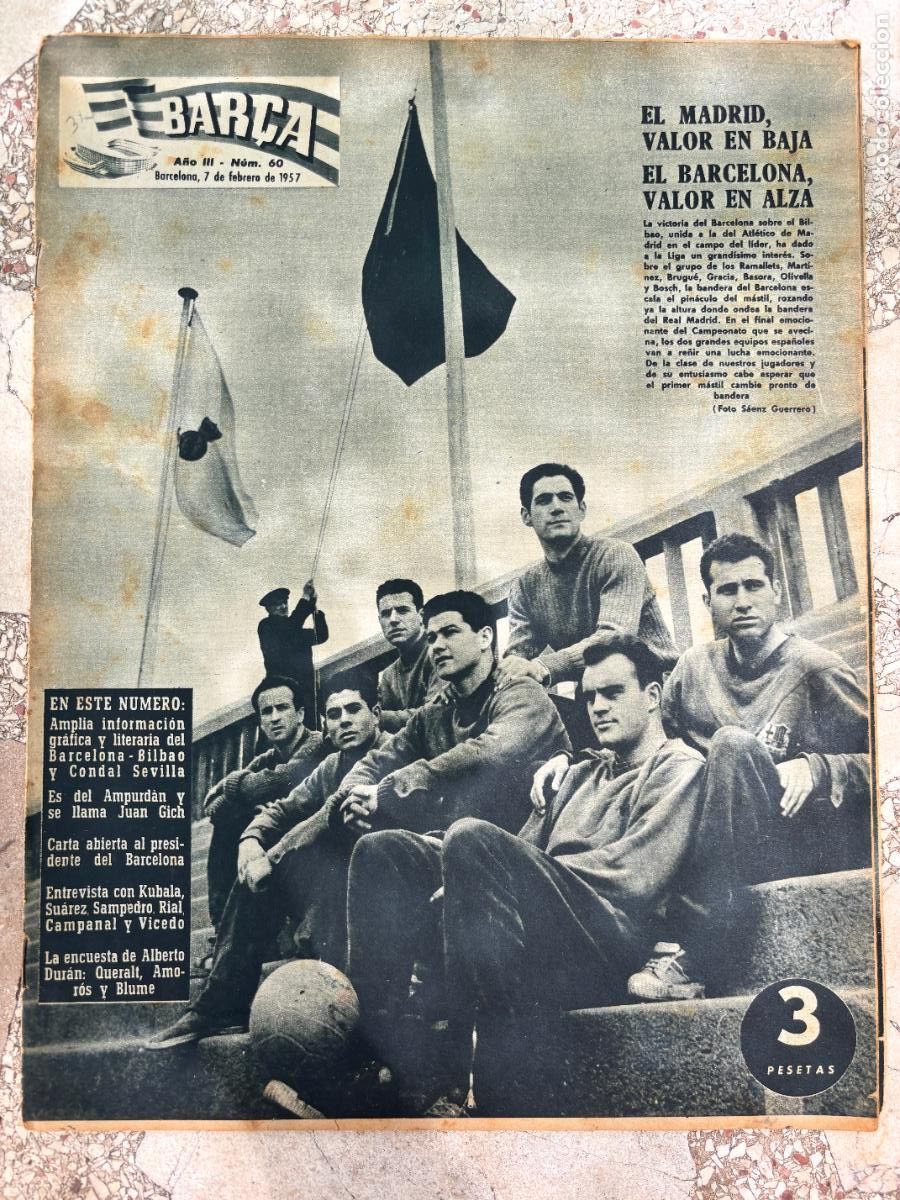 Coleccionismo deportivo: BAR&Ccedil;A N&ordm; 60 A&Ntilde;O 1957. JUAN GICH. ENTREVISTA CON KUBALA, SUAREZ, SAMPEDRO, CAMPANAL Y VICEDO.