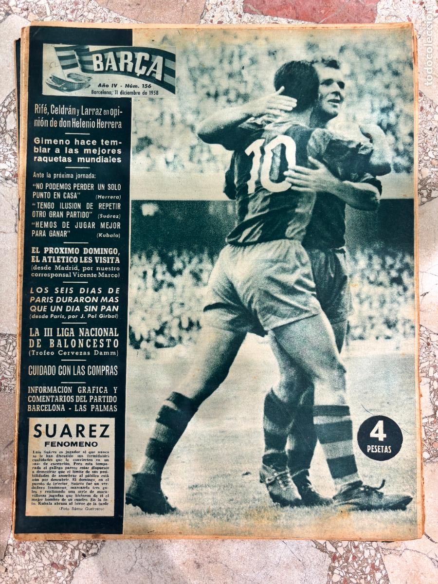 Sports collectibles: BAR&Ccedil;A N&ordm; 156 A&Ntilde;O 1958. LUIS SUAREZ EN PORTADA. TROFEO CERVEZAS DAMM