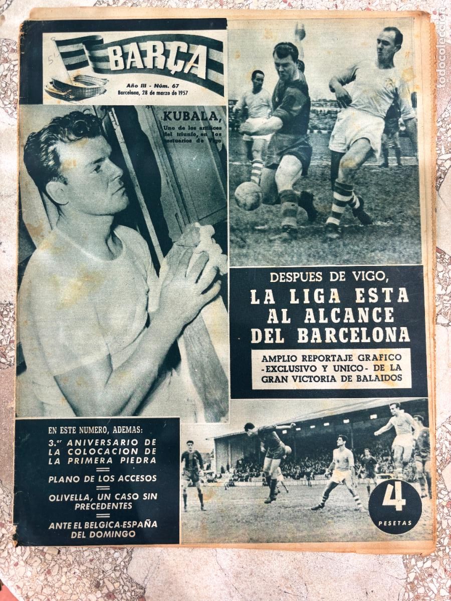 Coleccionismo deportivo: BAR&Ccedil;A N&ordm; 67 A&Ntilde;O 1957. KUBALA EN PORTADA. OLIVELLA. B&Eacute;LGICA VS ESPA&Ntilde;A.