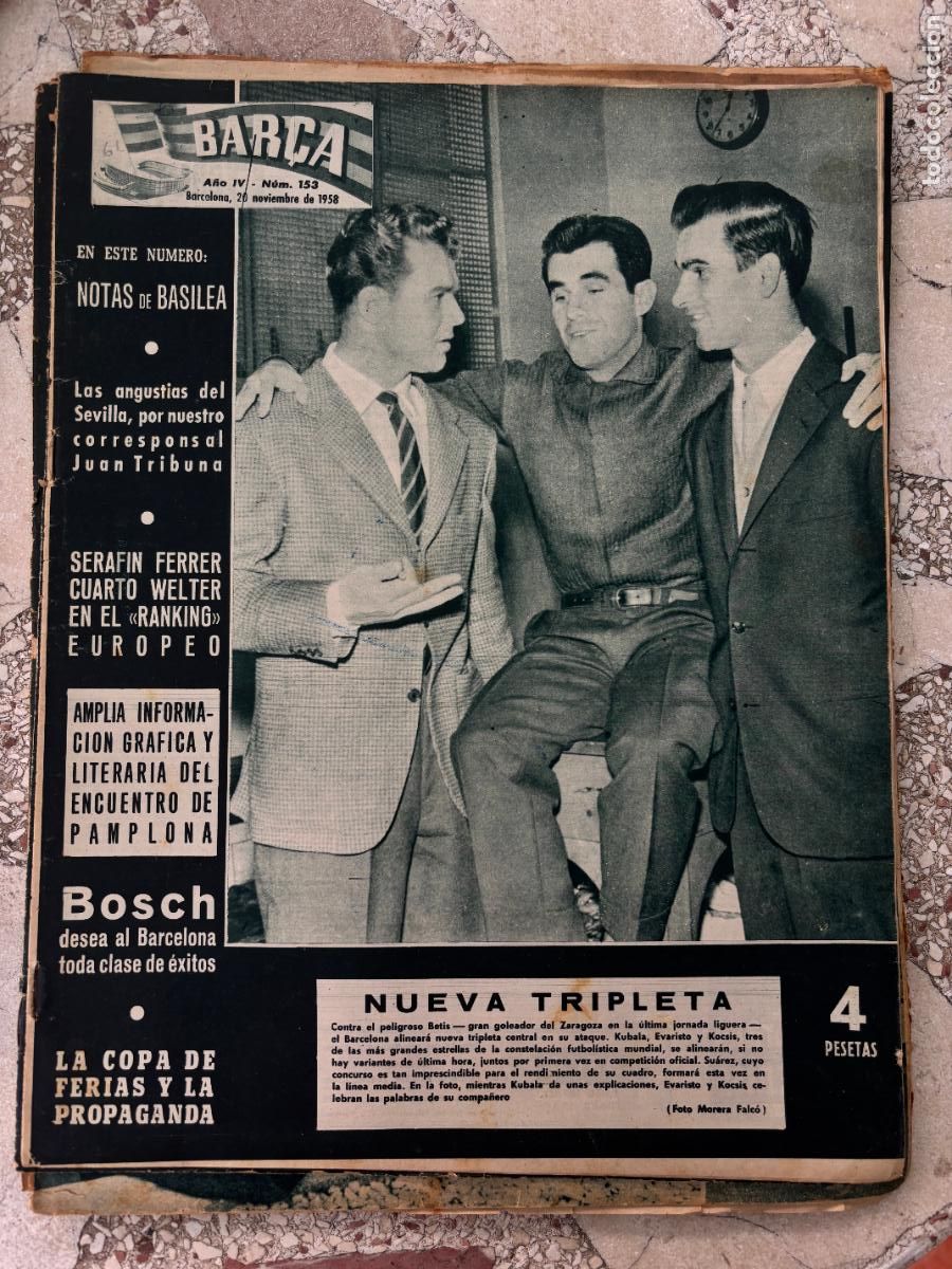 Coleccionismo deportivo: BAR&Ccedil;A N&ordm; 153 A&Ntilde;O 1958. KUBALA, EVARISTO Y KOCSIS EN PORTADA. SERAFIN FERRER.