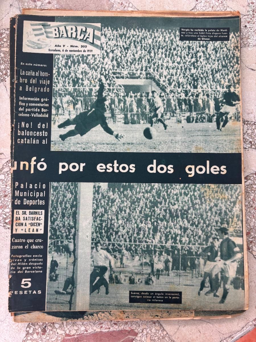 Coleccionismo deportivo: BAR&Ccedil;A N&ordm; 203 A&Ntilde;O 1959. RAMALLETS, VERG&Eacute;S Y SEGARRA. BARNILS. LU&Iacute;S SUAREZ EN PORTADA.