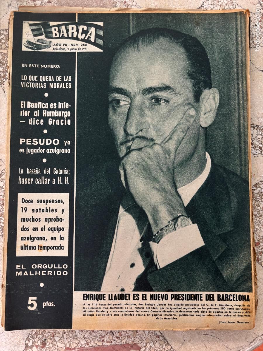 Coleccionismo deportivo: BAR&Ccedil;A N&ordm; 288 A&Ntilde;O 1961. PESUDO. ENRIQUE LLAUDET EN PORTADA. BENFICA VS HAMBURGO.