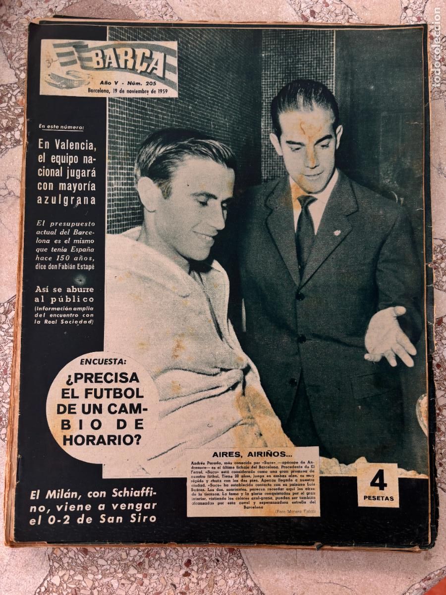 Coleccionismo deportivo: BAR&Ccedil;A N&ordm; 205 A&Ntilde;O 1959. ANDR&Eacute;S PARADA Y LU&Iacute;S SUAREZ EN PORTADA. SCHIAFFINO.
