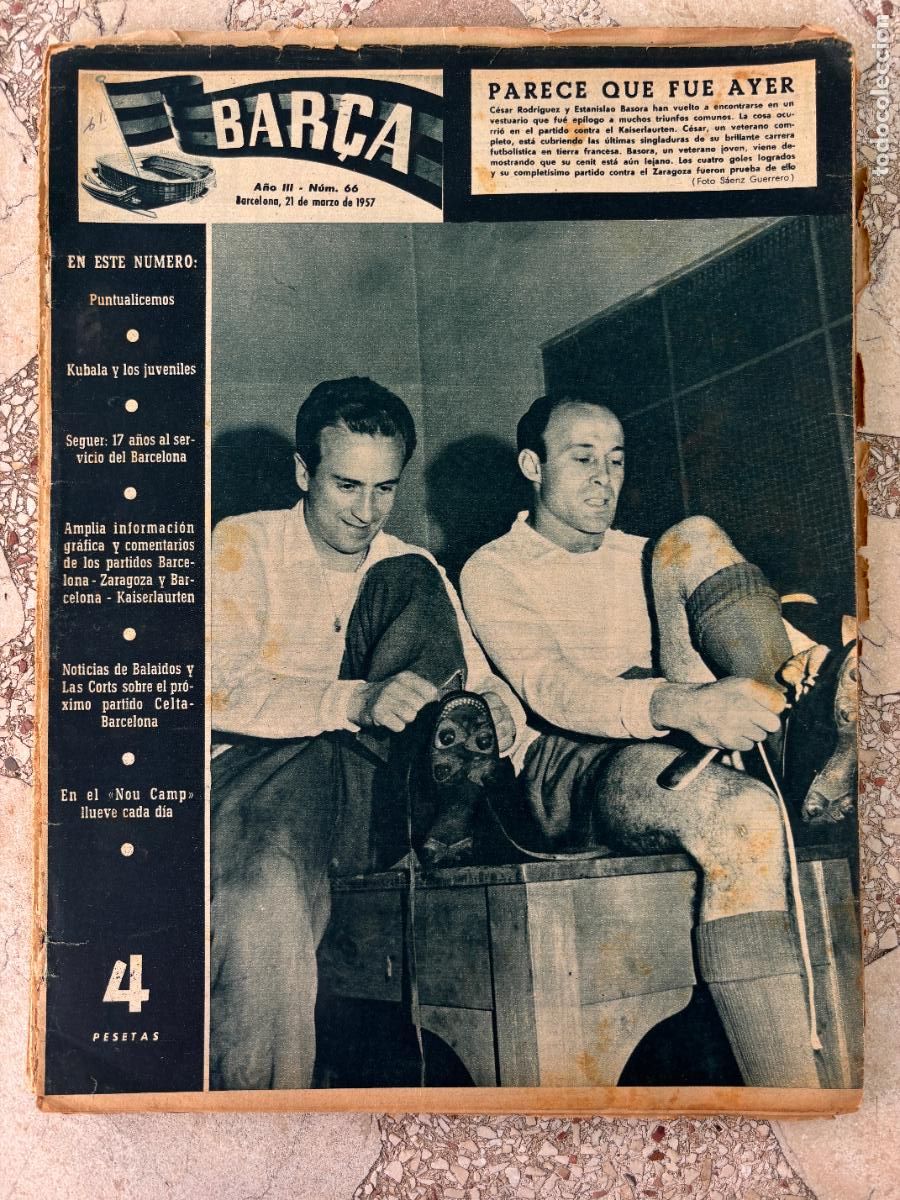 Coleccionismo deportivo: BAR&Ccedil;A N&ordm; 66 A&Ntilde;O 1957. KUBALA Y LOS JUVENILES. KAISERLAURTEN. CESAR RODRIGUEZ Y BASORA EN PORTADA.