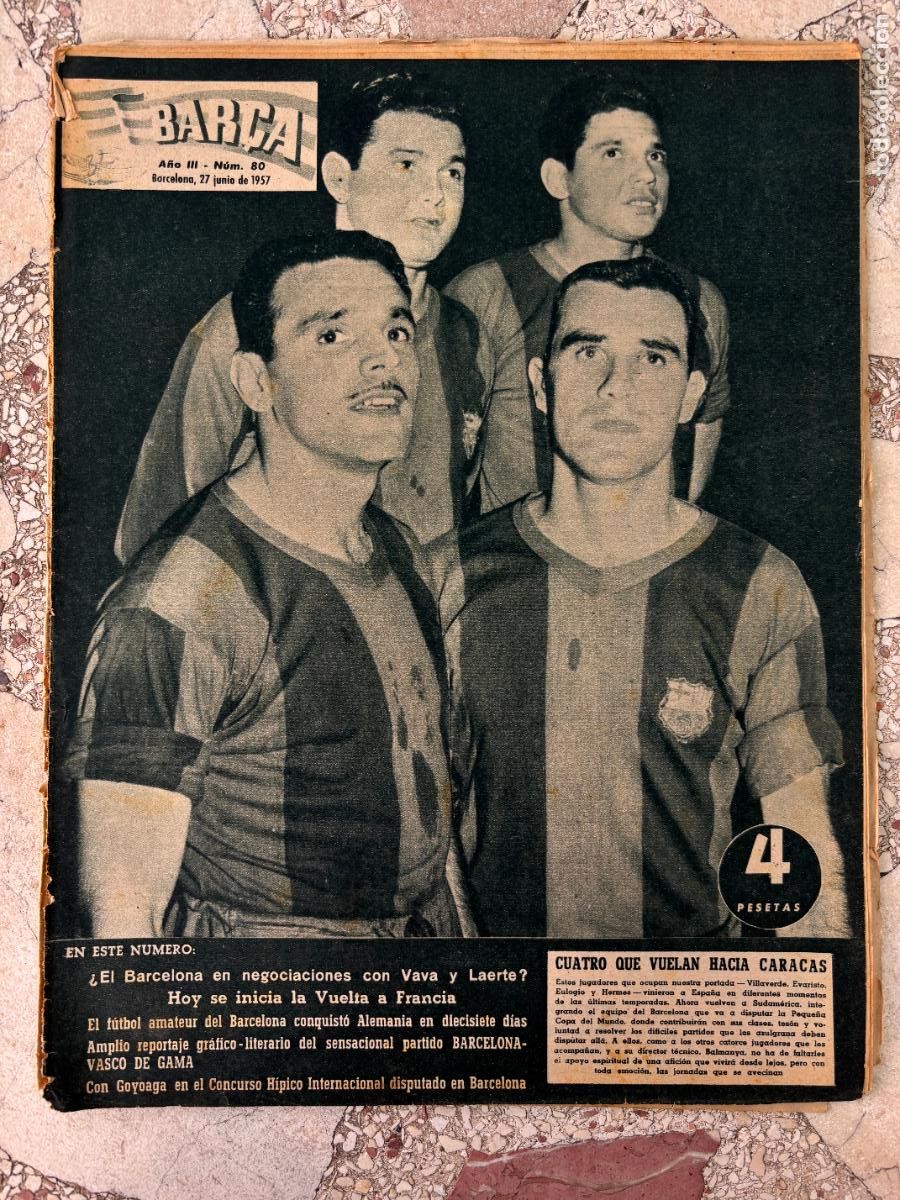Coleccionismo deportivo: BAR&Ccedil;A N&ordm; 80 A&Ntilde;O 1957. VILLAVERDE, EVARISTO, EULOGIO Y HERMES EN PORTADA. VAVA Y LAERTE.
