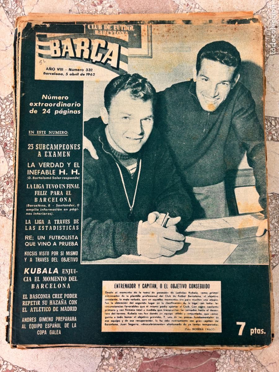 Coleccionismo deportivo: BAR&Ccedil;A N&ordm; 332 A&Ntilde;O 1962. LADISLAO KUBALA EN PORTADA. ANDRES GIMENO. KOCSIS.