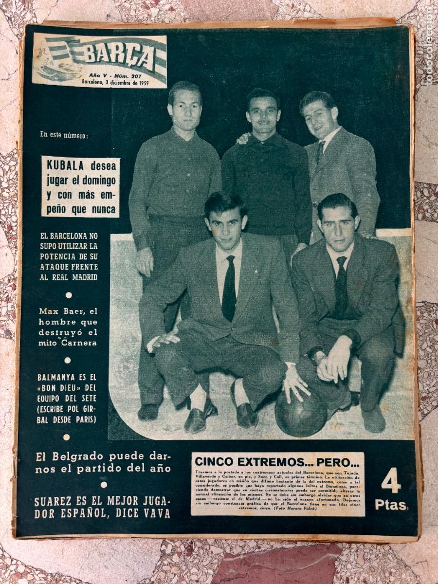 Coleccionismo deportivo: BAR&Ccedil;A N&ordm; 207 A&Ntilde;O 1959. TEJADA, VILLAVERDE, CZIBOR, SUCO Y COLL EN PORTADA. MAX BAER.