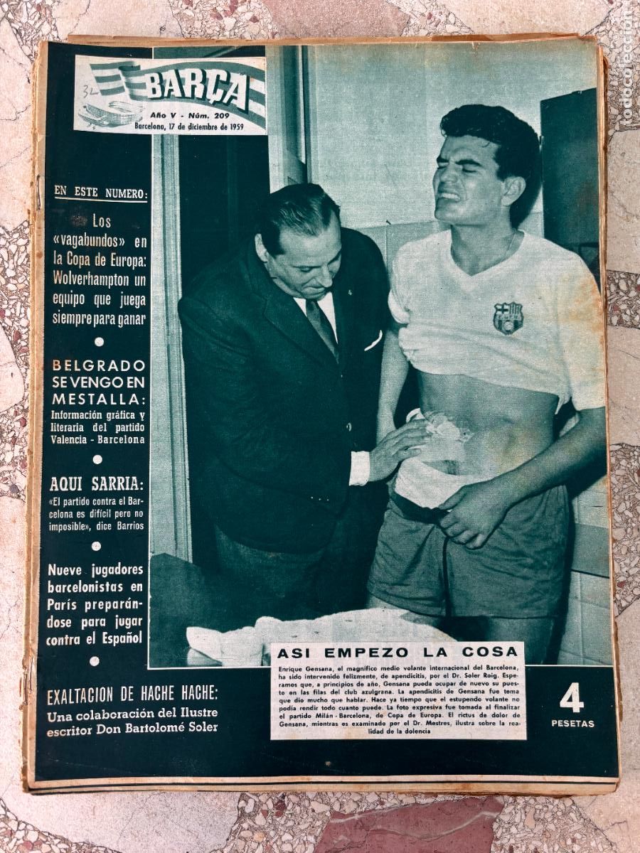 Coleccionismo deportivo: BAR&Ccedil;A N&ordm; 209 A&Ntilde;O 1959. GENSANA EN PORTADA. BARTOLOM&Eacute; SOLER. WOLVERHAMPTON.