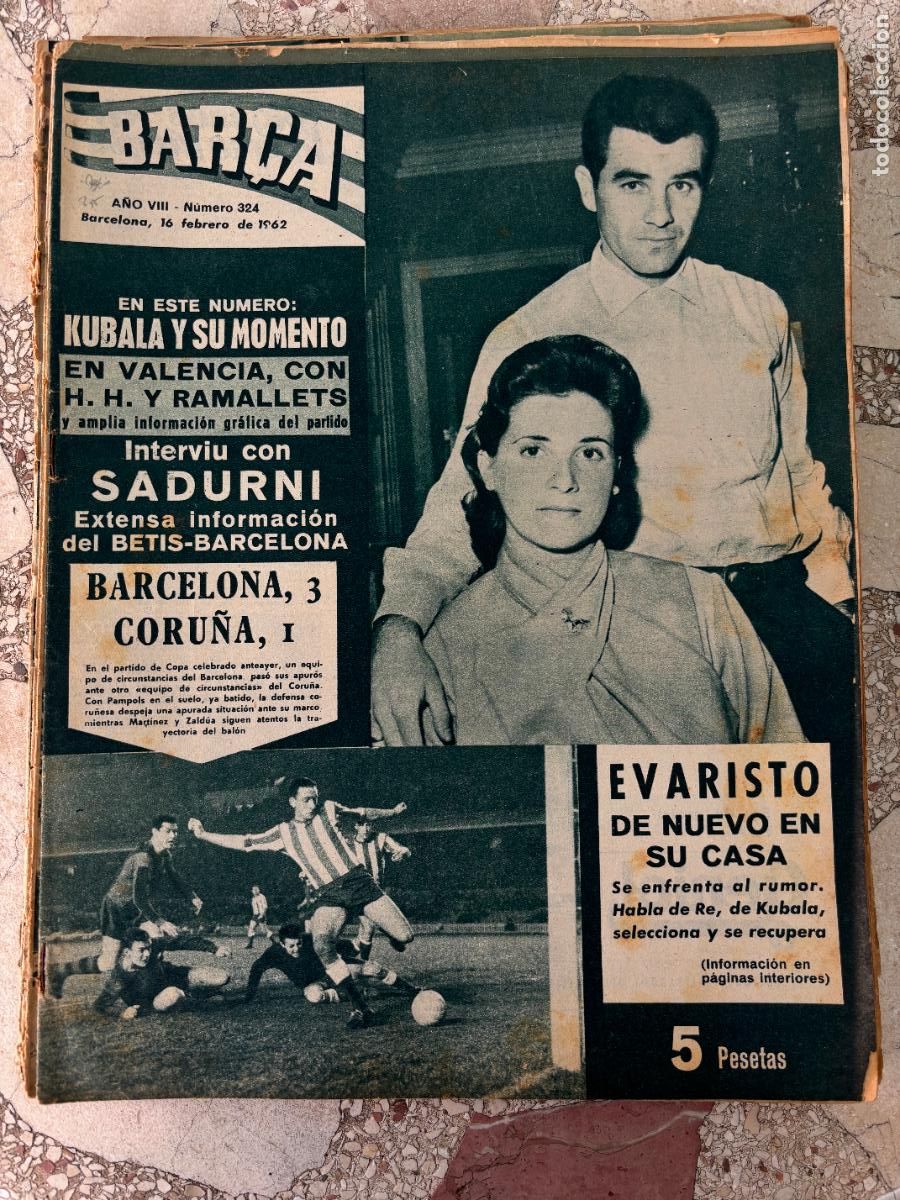 Coleccionismo deportivo: BAR&Ccedil;A N&ordm; 324 A&Ntilde;O 1962. EVARISTO EN PORTADA. SADURNI. KUBALA.PAMPOLS.