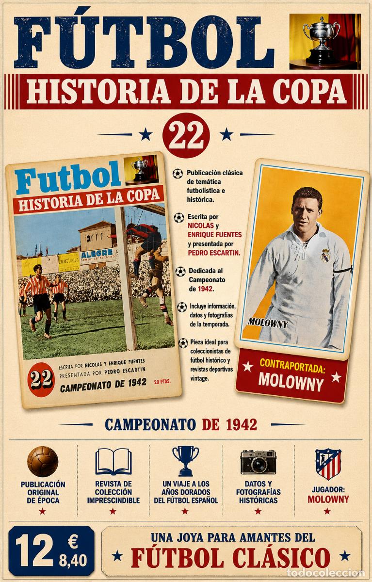 Coleccionismo deportivo: F&Uacute;TBOL HISTORIA DE LA COPA N.&ordm; 22 | CAMPEONATO 1942 | MOLOWNY | PEDRO ESCART&Iacute;N