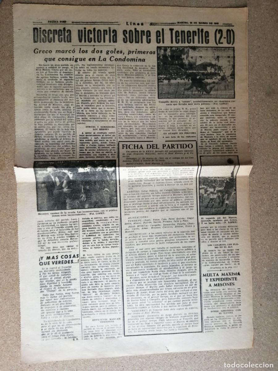 Coleccionismo deportivo: NOTICIA DE PRENSA DEPORTIVA. REAL MURCIA, DISCRETA VICTORIA SOBRE EL TENERIFE (1960)