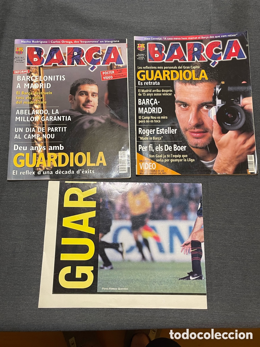 Sports collectibles: Lote Pep Guardiola - P&oacute;ster a&ntilde;os 90 y 2 revistas FC Barcelona
