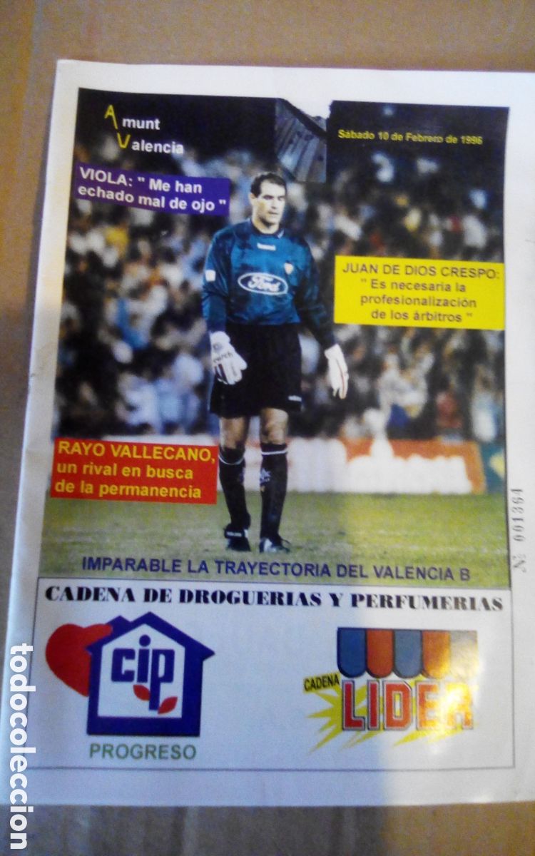 Coleccionismo deportivo: Amunt Valencia. Revista oficial del Valencia C. F.. 10 de febrero 1996. Juan de Dios Crespo. Viola.