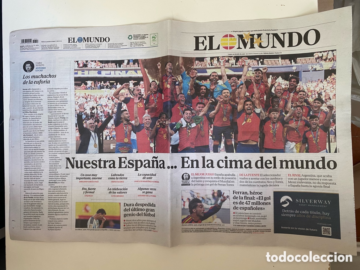 Coleccionismo deportivo: Periodico El Mundo 20 julio 2026 - Espa&ntilde;a Campeones del Mundo