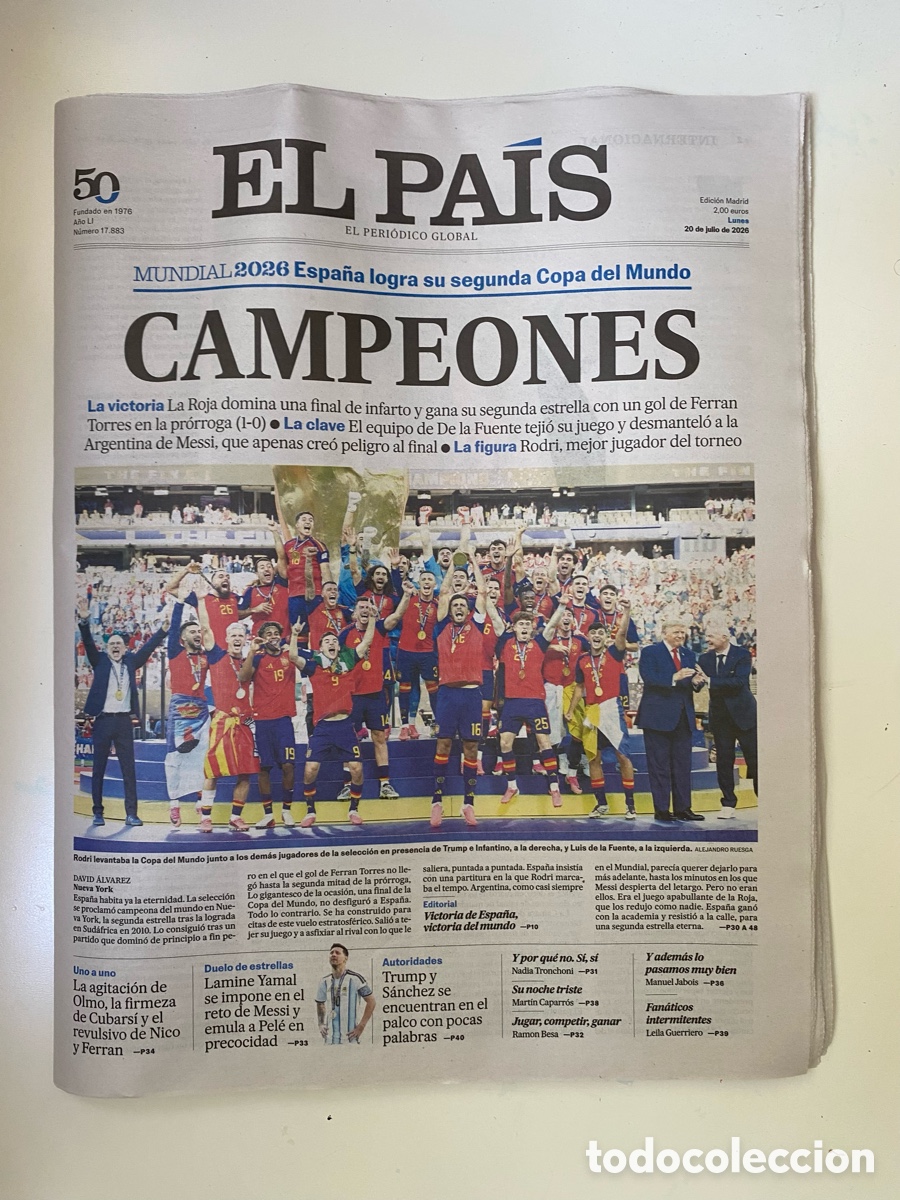 Coleccionismo deportivo: Periodico El Pais 20 julio 2026 - Espa&ntilde;a Campeones del Mundo