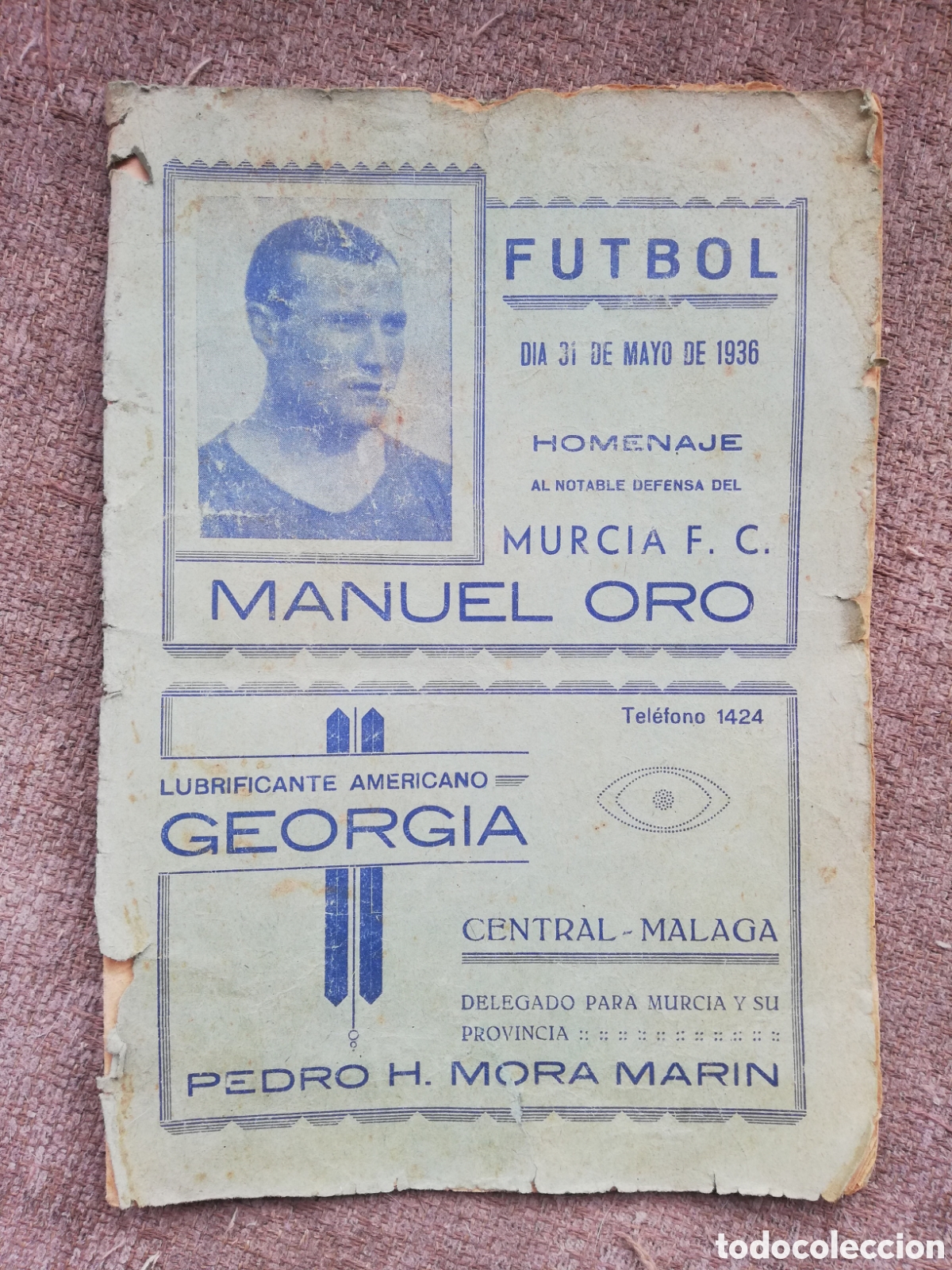 Coleccionismo deportivo: Revista Folleto Futbol. D&iacute;a 31 de mayo de 1936. Homenaje al defensa del Murcia F. C. Manuel Oro