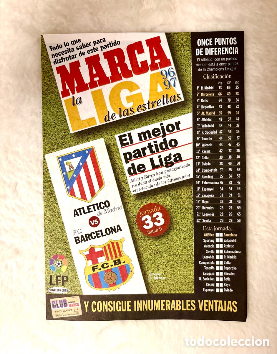 Coleccionismo deportivo: FANS ATL&Eacute;TICO Marca La Liga de las Estrellas 96/97 - Atl&eacute;tico de Madrid vs Barcelona (Jornada 33)