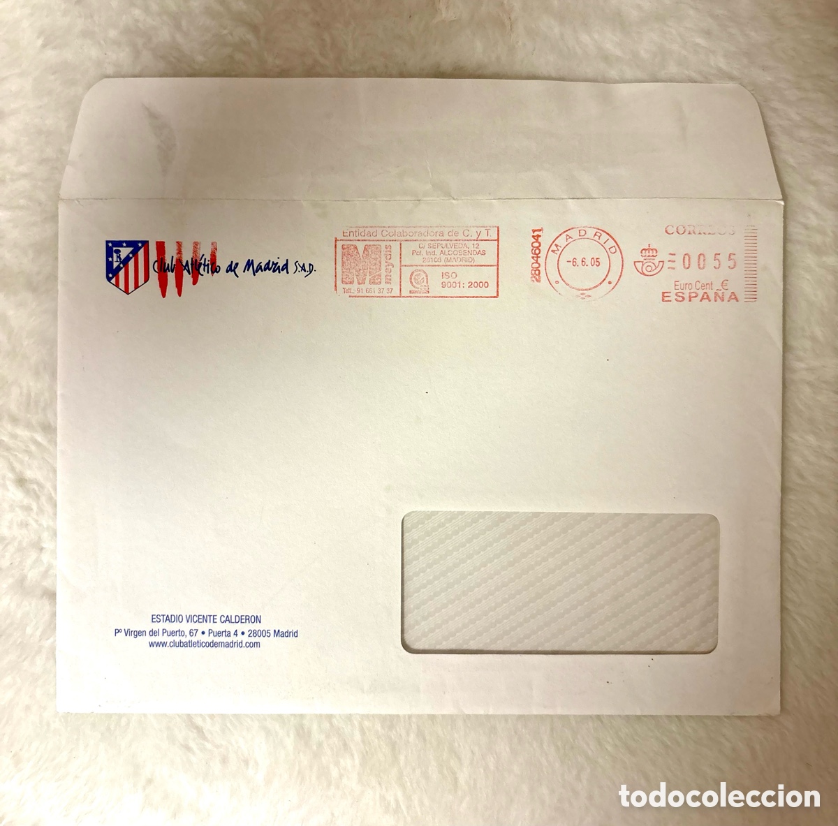 Coleccionismo deportivo: FANS - Sobre Oficial Atl&eacute;tico de Madrid SAD - Matasellos Correos A&ntilde;o 2005 (Estadio Vicente Calder&oacute;n)