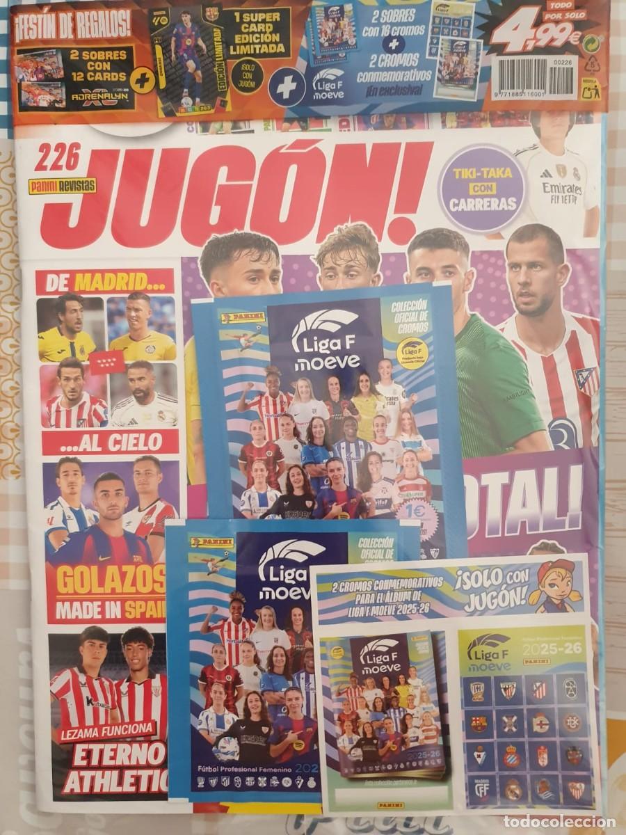 Coleccionismo deportivo: REVISTA JUGON 226. PANINI. ENVOLTORIO ORIGINAL. 2 SOBRES LIGA F + 2 CROMOS CONMEMORATIVOS