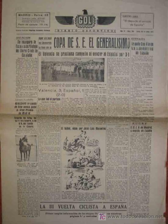 Sports collectibles: GOL. Diario deportivo. N&ordm;182. El Valencia se proclama campeon de la COPA DE EL GENERALISIMO. 1941