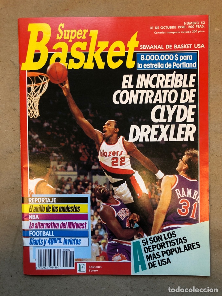 Coleccionismo deportivo: S&Uacute;PER BASKET N&deg; 52 (1990). CLYDE DREXLER, DEPORTISTAS M&Aacute;S POPULARES EN USA, POSTER ROLANDO BLACKMAN,
