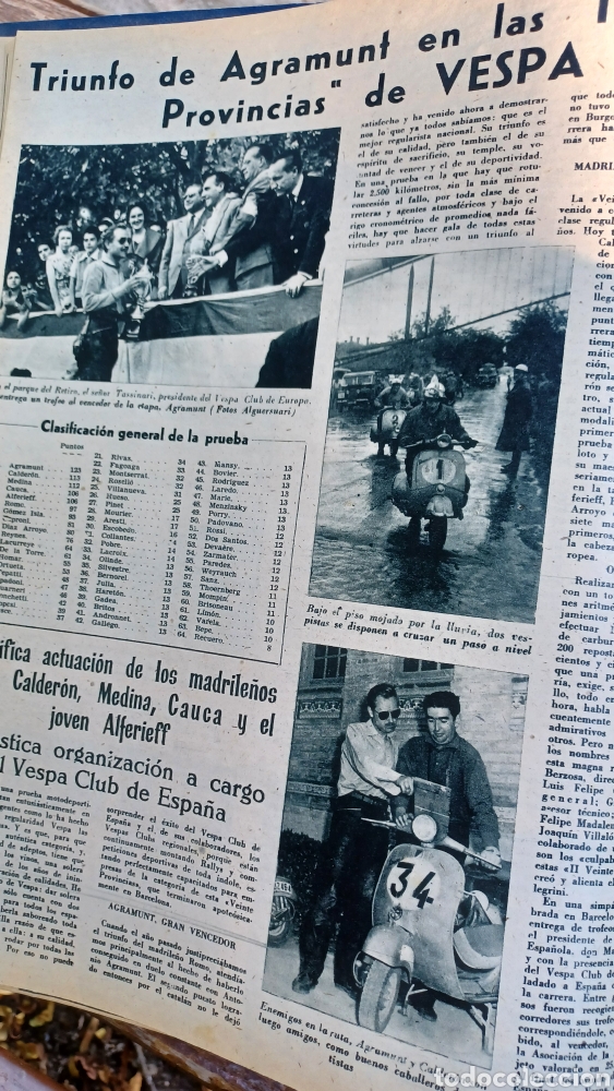 Coleccionismo deportivo: TRIUNFO DE AGRAMUNT EN LAS II VEINTE PROVINCIAS DE VESPA. 3 FOTOS .HOJA REVISTA 1959
