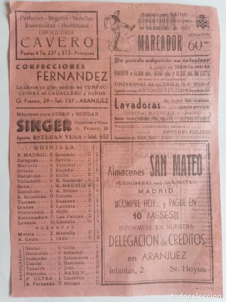 Coleccionismo deportivo: HOJA MARCADOR, QUINIELA Y CLASIFICACION, EDITADO POR RADIO JUVENTUD, ARANJUEZ, FEBRERO 1951