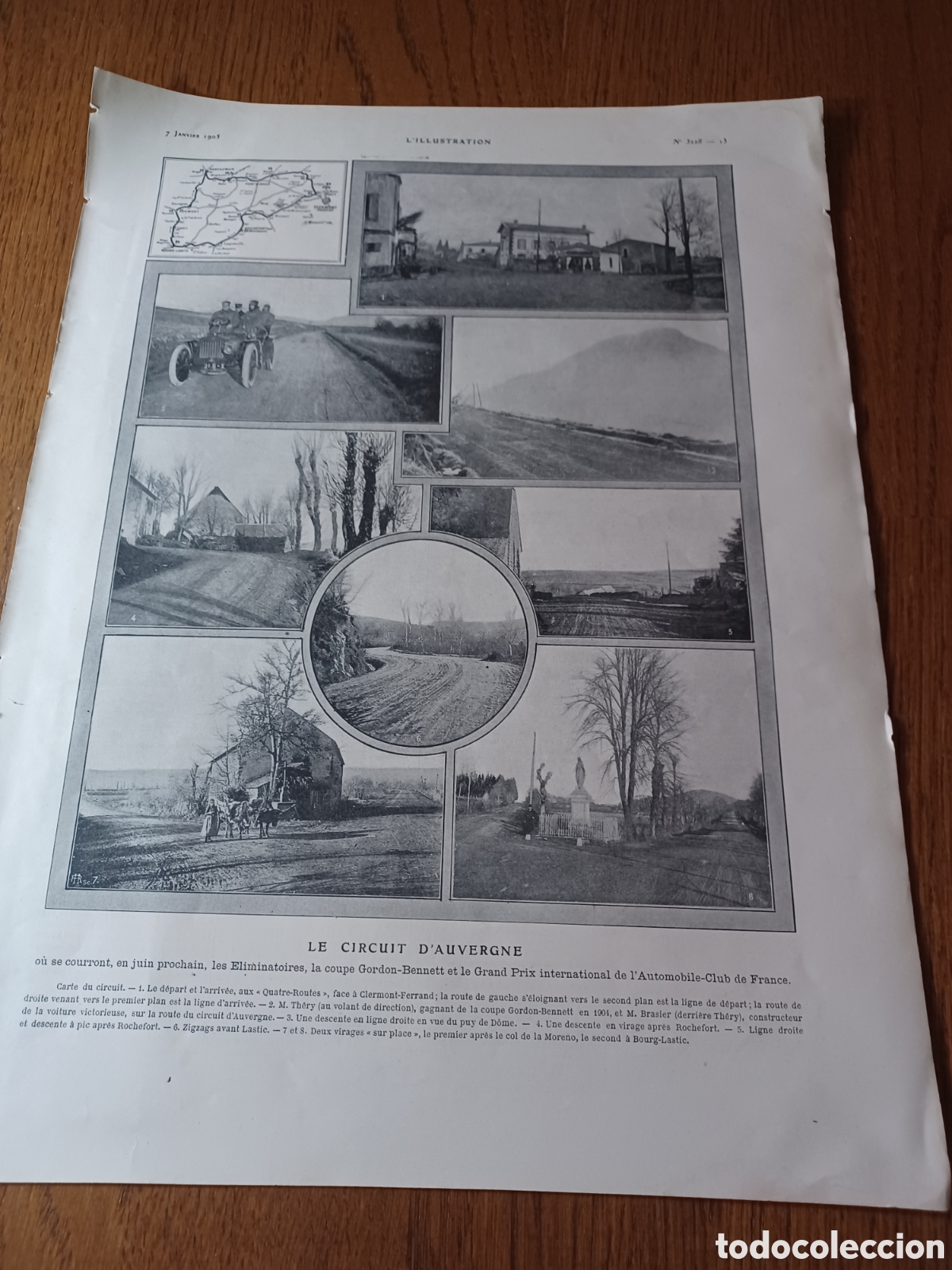 Sports collectibles: MAPA Y FOTOS DEL CIRCUITO DE AUVERGNE A&Ntilde;O 1905 HOJA REVISTA FRANCESA 39 X 29 CM