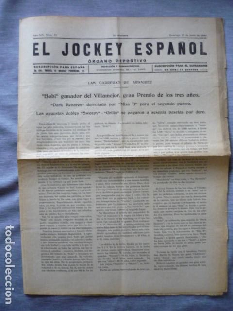 Coleccionismo deportivo: EL JOCKEY ESPA&Ntilde;OL ORGANO DEPORTIVO PERIODICO HIPICA CARRERAS DE CABALLOS ARANJUEZ JUNIO 1934