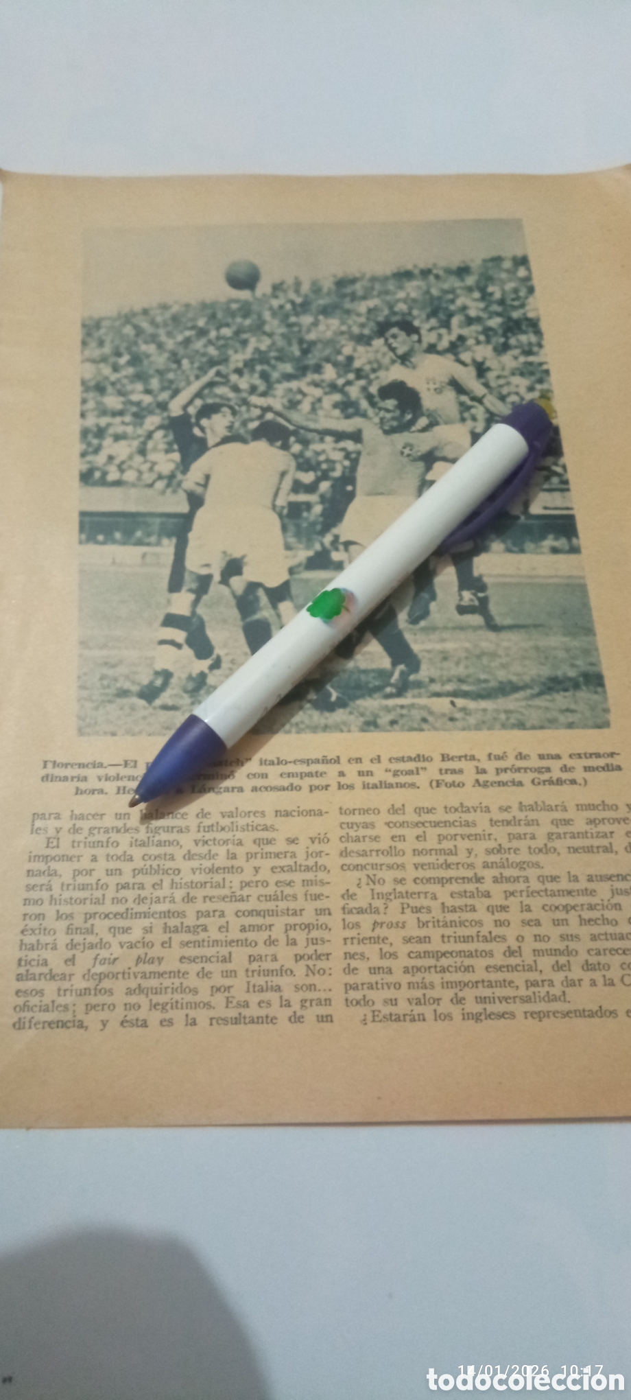 Sports collectibles: RECORTE 1934 Selecci&oacute;n Espa&ntilde;ola de F&uacute;tbol - El &rdquo;Match&rdquo; contra Italia en G&eacute;nova - L&aacute;ngara