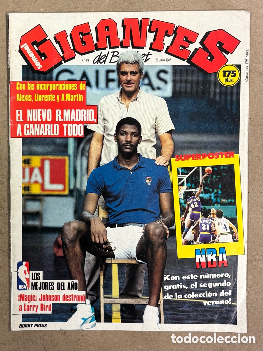 Collectionnisme sportif: GIGANTES DEL BASKET N&deg; 89 (1987). REAL MADRID (ALEXIS, LLORENTE, A. MART&Iacute;N), MAGIC JOHNSON LARRY BIR
