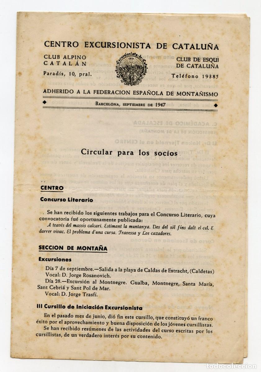 Coleccionismo deportivo: &rdquo;Centro Excursionista de Catalu&ntilde;a&rdquo; Circular para socios, Septiembre de 1947