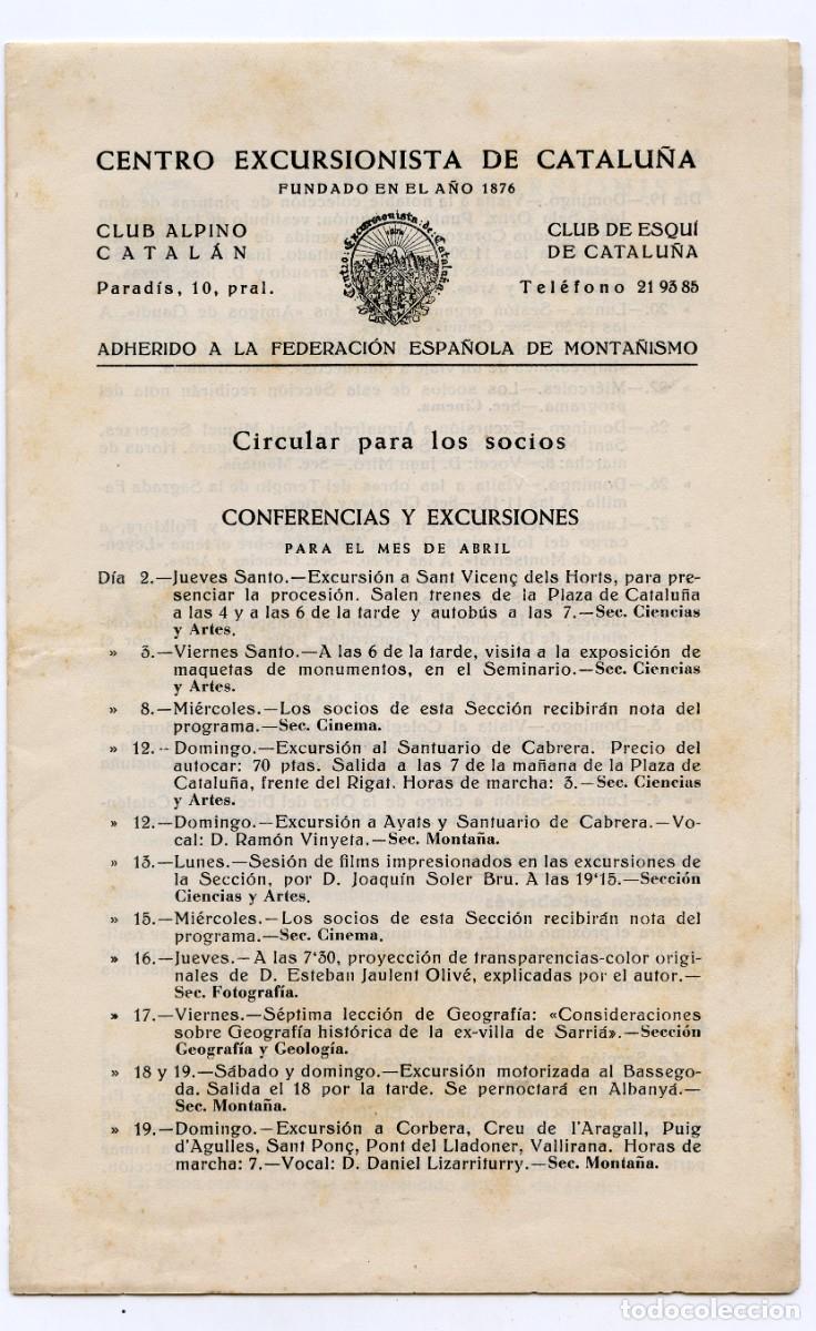Coleccionismo deportivo: &rdquo;Centro Excursionista de Catalu&ntilde;a&rdquo; Circular para socios, Abril de 1953.